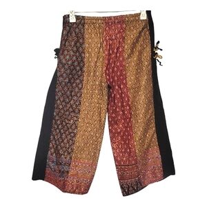 Bohemian Multicolor Wide-Leg Pants Stretch Waist M-L